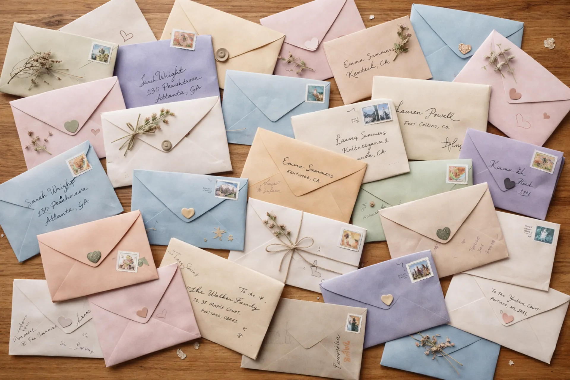 Colorful handwritten envelopes with stamps and dried flowers